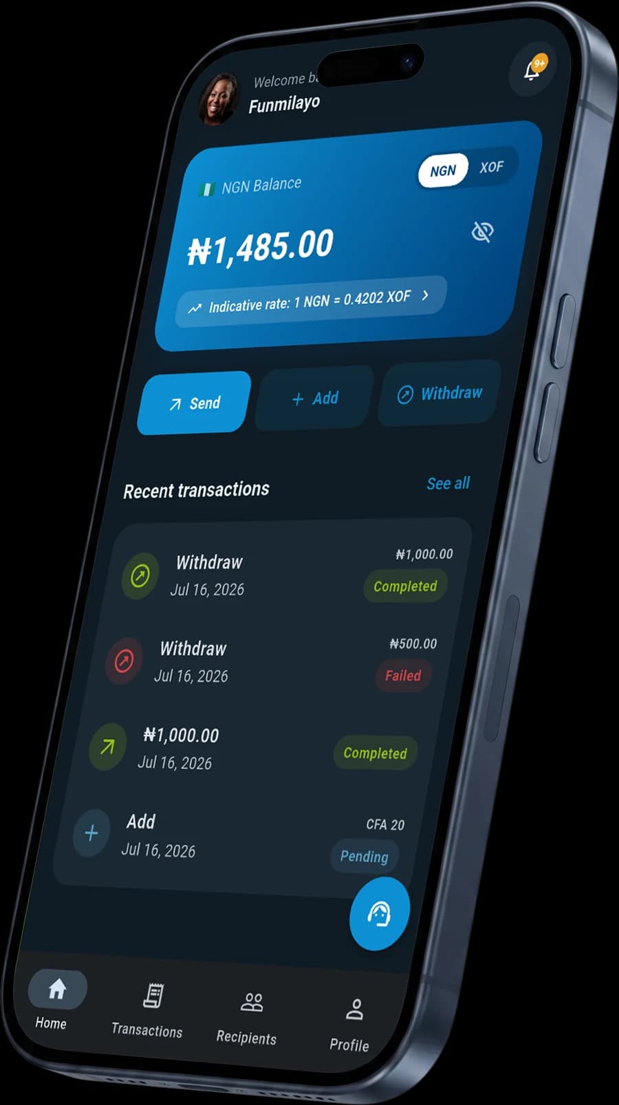 Tranox app showing a transfer from NGN to XOF