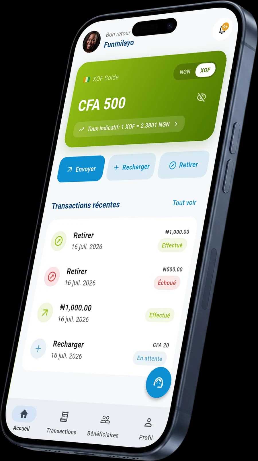 L'application Tranox affichant un envoi en francs CFA (XOF)