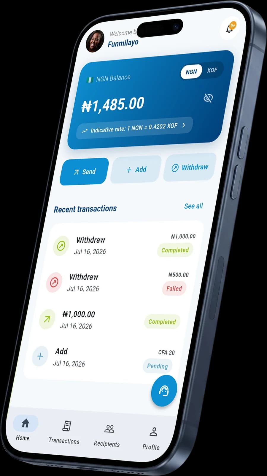 Tranox app showing a transfer from NGN to XOF